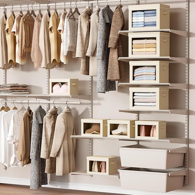 Storage Bins with Lids - Small Fabric Organizers with Window, Collapsible Storage Bins for Clothes, Decorative Closet Organizers for Towels, Tshirt, 4 Pack, Beige