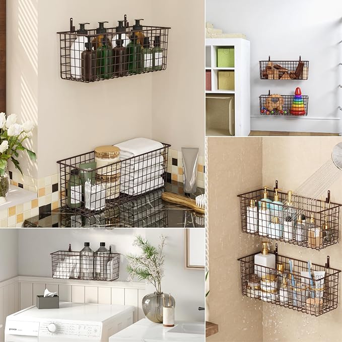 2 Sets Extra Large Hanging Wall Basket, Brown Metal Wire Baskets with Steel Hooks for Organizing, WallmountedFruit Vegetable Toy Snack Storage, Home Kitchen Bathroom Laundry Pantry Organizer