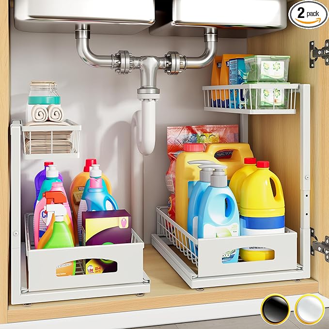Under Sink Organizer, 2 Pack Height Adjustable Cabinet Organizer with Slide Out Drawer, Pull Out Under Sink Storage, Multi-Purpose 2 Tier Sink Shelves for Kitchen Bathroom Pantry (White, 2 Pack)