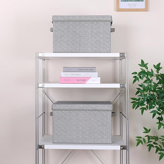 WUIKE Foldable Storage Bins with Lids, Storage Boxes with Handles, Closet Shelf Organizer, Fabric Storage Baskets with Cover for Bedroom, 3-Pack, Ash Gray, Extra Large