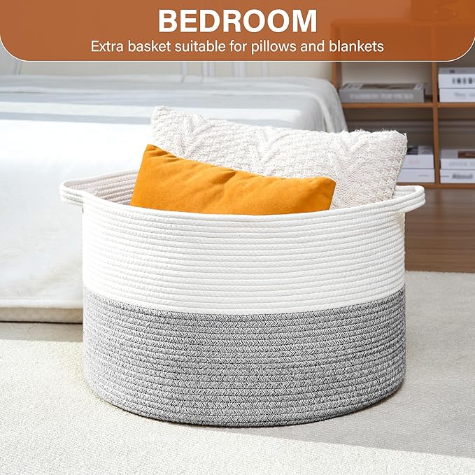 Foldable Laundry Hamper Basket with Collapsible Handle Cotton Rope Soft Woven Fabric Storage Organizer Clothes Toys Nursery Bedroom Dorm Space Saving Bin (White & Light Grey, 80L(21.7"D x 13.8"H))