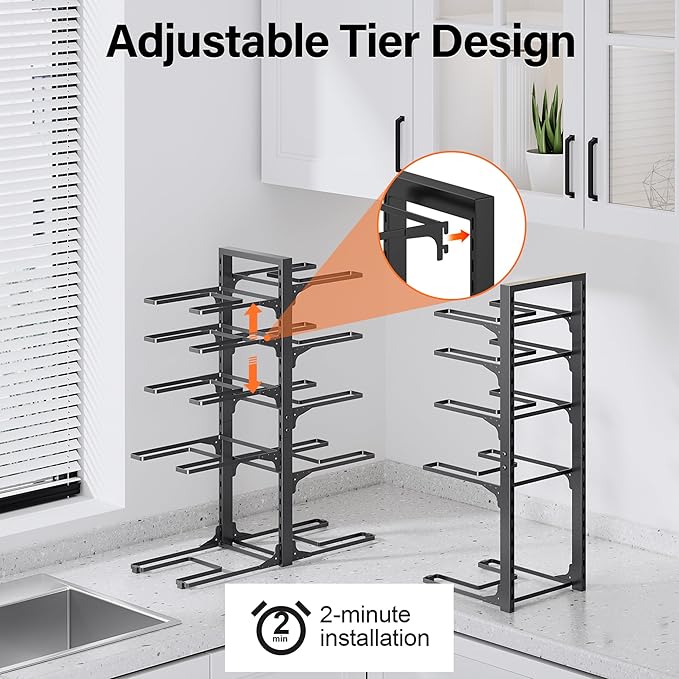 MUDEELA 10-Tier Pots and Pans Organizer under Cabinet, 23.62" Height Heavy Duty Pot and Pan Organizer Kitchen Cabinet Organization and Storage, Adjustable Pot Rack for Frying Pan, Cast Iron Skillet