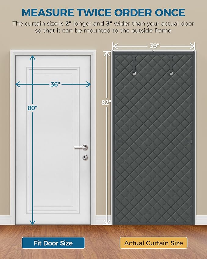 Thermal Insulated Door Curtain Fits Door Size 36 x 80 Inch, Oxford Cloth Thicken Cotton Filled, Curtain Size 39" x 82", Single Piece Door Insulation Blanket Cover for Cold in Winter, Grey
