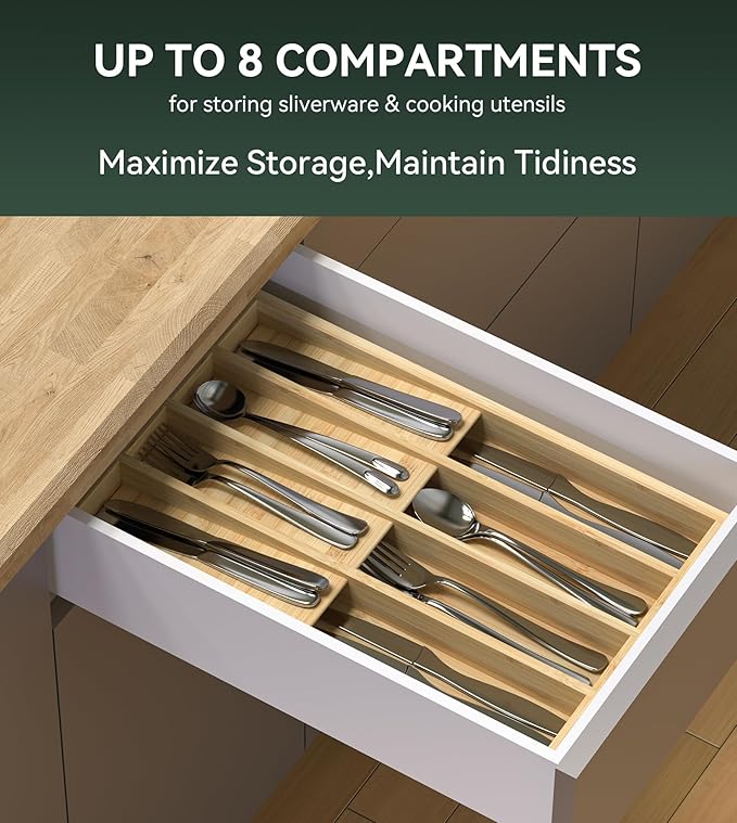 Silverware Organizer, Utensil Drawer Organizer & Cutlery Tray Dividers for Spoons Forks Knives (8 Slot,Natural Bamboo), 16”Dx10”Wx1.7”H