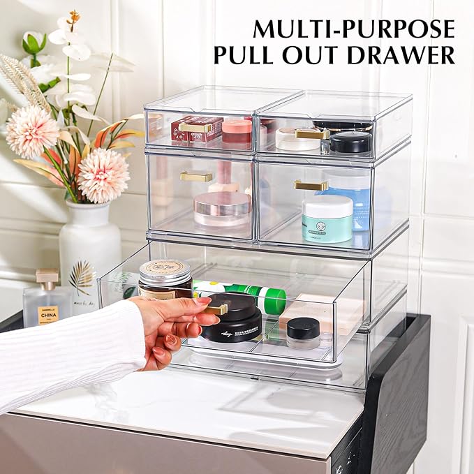 Stackable Storage Drawers, 6 Pack Clear Acrylic Organizer Bins with Golden Handles, Multi-Size Plastic Drawers for Makeup, Vanity, Kitchen, Bathroom, Office, Under Sink & Cabinet Organizatio