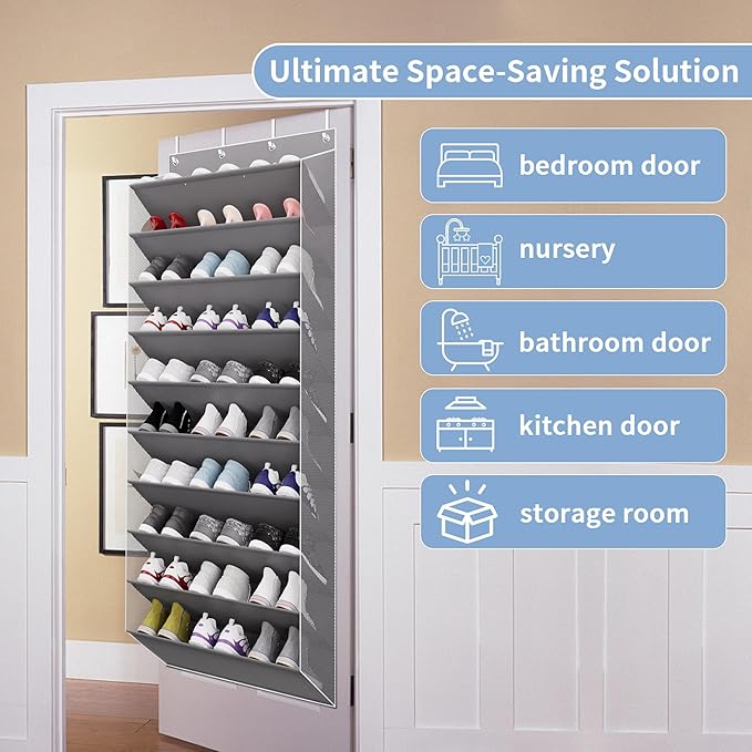 30 Pairs Over The Door Shoe Organizer, 10-Tier Hanging Shoe Rack with Deep Pocket for Closet, Extra Large Shoe Storage Holder for Sneakers, Boots, Heels(Grey)