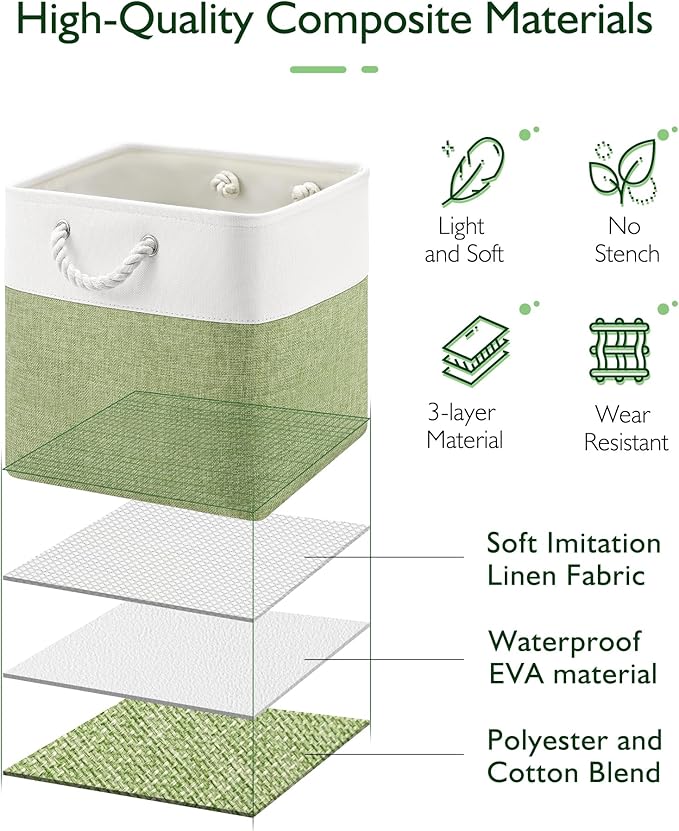 13x13x13 Cube Storage Bins,4 Pack Large Foldable Fabric Storage Cubes with Handles for Organizing Home, Closet, Shelf, Office(White&Green)