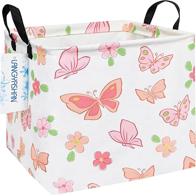 LANGYASHAN Square Storage Baskets Waterproof Canvas Children Laundry Nursery Hamper for Shelves Gift Baskets Toy Organizer Room Decor (Square Pink Butterfly)