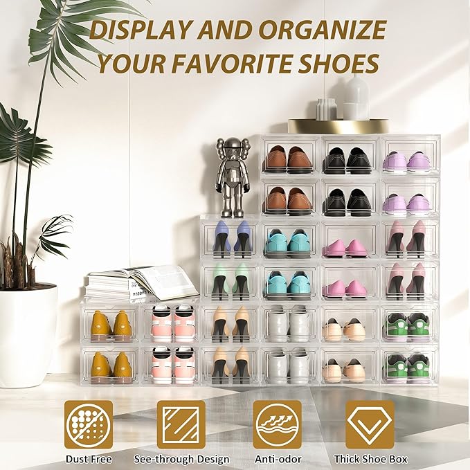 JWQ 10 Pack Extra XX Large Hard Plastic Clear Stackable Shoe Storage Box Organizer for Closet, Thicken Sturdy Sneaker Shoe Rack Display Case Containers Bins with Lids and Magnetic Door, Clear