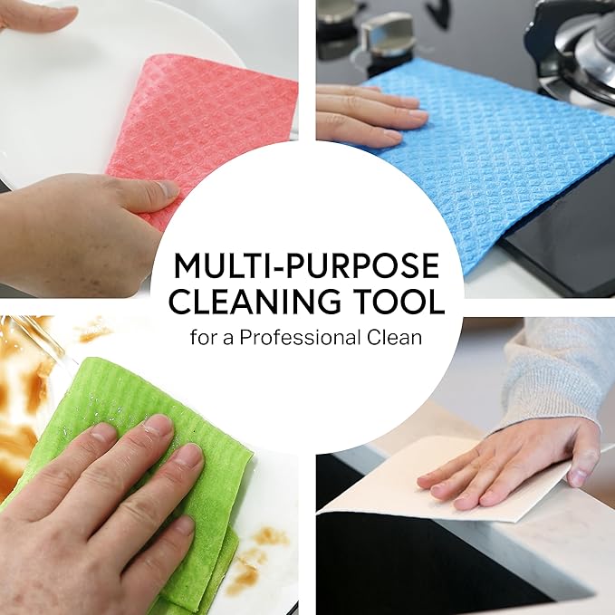 Swedish Wholesale Dishcloths Reusable 8" x 7" Sponge Cloths, Bulk 10 Pack of High Absorbent Cellulose Dish & Kitchen Cleaning Hand Towels, Wring to Dry & Machine Wash, Odor Resistant, Red