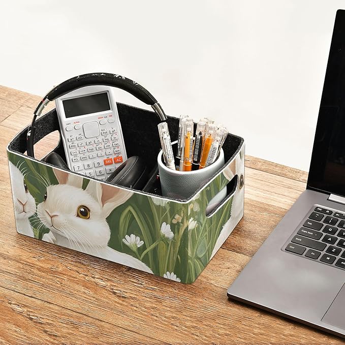 Green Easter Bunny Daisy Spring Closet Storage Bins 2 Pcs Felt Open Storage Containers Organizer with Handles Collapsible Shelf Basket for Home Office Craft Room Classroom Fabric