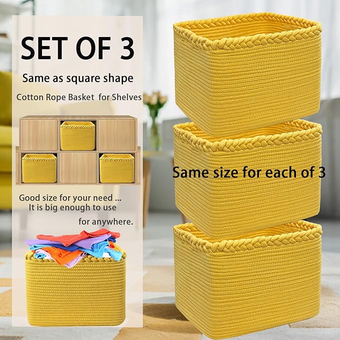 COMFY-HOMI 3Pack Small Woven Cotton Rope Basket for Organizing, Gift Baskets for Handles, Empty Gift Baskets, Medium Rope Basket|13.5" x 11" x 9.5" home decor for Living Room, Bathroom