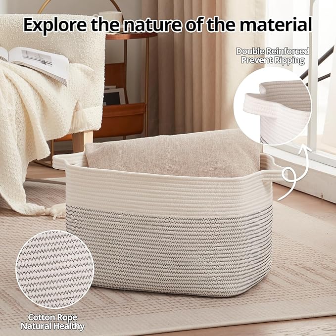 OIAHOMY Large Storage Basket, Cotton Rope Woven Blanket Basket, Toy Bin for Baby Room, Container for Blanket Storage in Living Room, 20''×16''×12'', Black & White