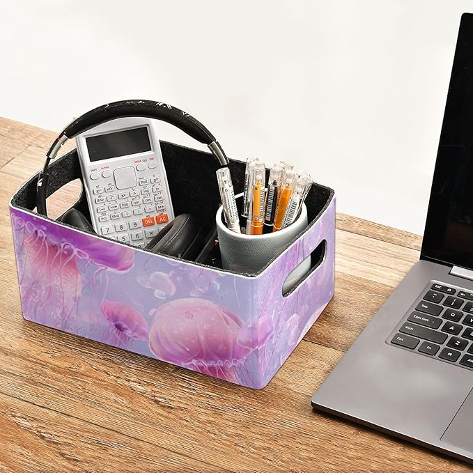 Closet Storage Bins 2 Pcs Felt Open Home Storage Containers Organizer with Handles Collapsible Shelf Basket for Home Office Craft Room Classroom Fabric Pink Cute Jellyfishes Bubbles Marine