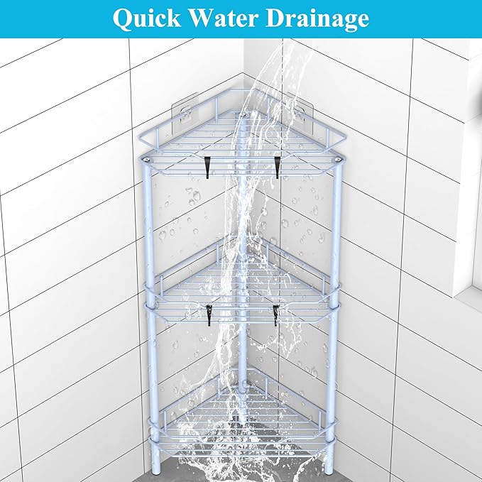 3 Tier Floor Standing Corner Shower Caddy Organizer Shelf with Hooks, Bathroom Shelves Stand Rack, Blue