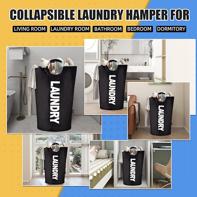 100L Laundry Basket, Collapsible Laundry Hamper with Padded Handles, Waterproof Laundry Bag, Tall Clothes Hamper Stand Up Well, Foldable Laundry Baskets for Easy Storage(Printed Black)