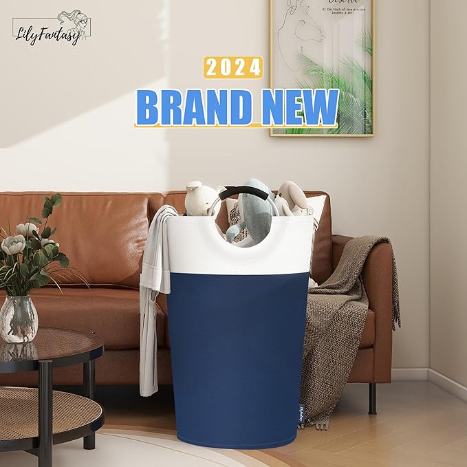 125L Laundry Basket, Collapsible Laundry Hamper with Padded Handles, Waterproof Laundry Bag, Tall Clothes Hamper Stand Up Well, Foldable Laundry Baskets for Easy Storage(Navy Blue)