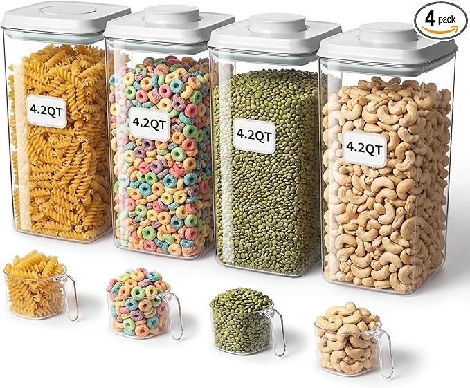 Large Pop Airtight Food Storage Containers Set with Lids 4.2Qt/4L Food Containers with Scoop, Kitchen Pantry Organization and Storage, BPA Free Stackable Cereal Container (4 * 4.2Qt)