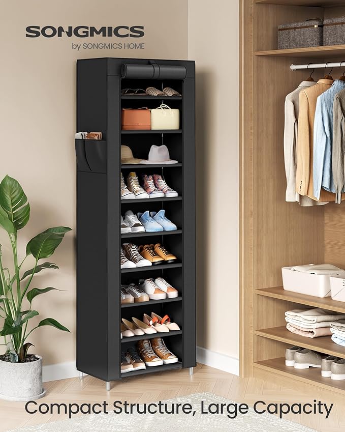 SONGMICS 10-Tier Shoe Rack, Shoe Storage Cabinet with Dustproof Cover, Free-Standing Storage Organizer for Closet, Entryway, Hold 20 Pairs of Shoes, for Sneakers, High Heels, Black URXJ034BH01