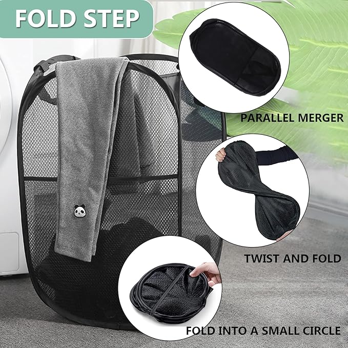 2 Pack Popup Laundry Hamper,Foldable Mesh Laundry Basket with Durable Handle,Easy to Open and Fold for Dorm, Laundry Room, Bedroom, RV(Black and Black)…