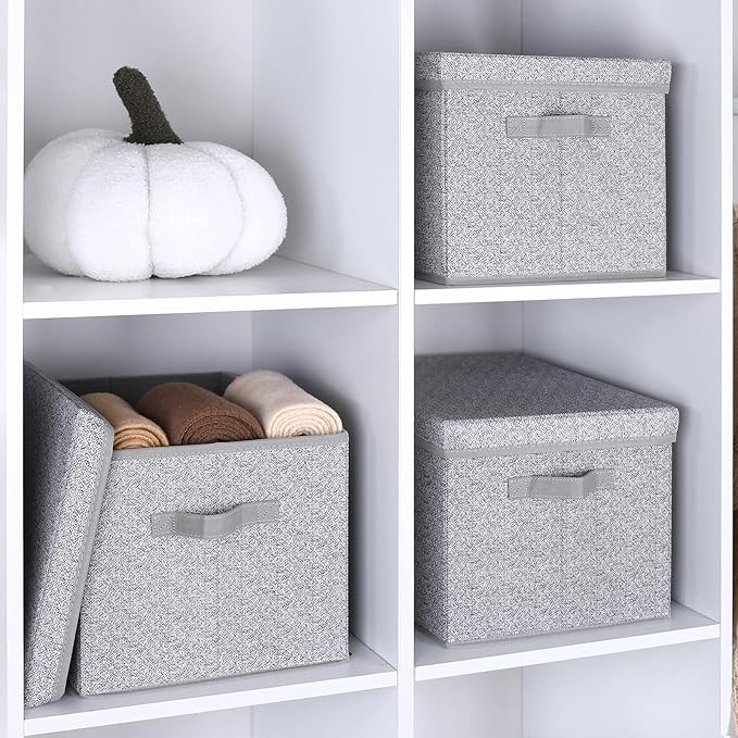 WUIKE Foldable Storage Bins with Lids, Storage Boxes with Handles, Closet Shelf Organizer, Fabric Storage Baskets with Cover for Bedroom, 3-Pack, Ash Gray, Extra Large