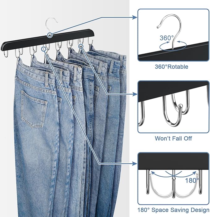 Jean Hangers for Closet, 14 Wood Jeans Hooks Space Saving, 180° Rotating Jean Hangers for Skirts/Shorts/Belts/Ties, Closet Organizers and Storage, Pants Hooks for Jeans, 2 Pack, Black
