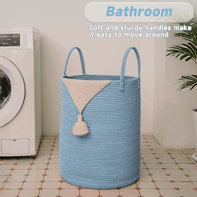 Large Woven Laundry Basket Hamper,60L Cotton Rope Storage Bin for Blankets,Toys and Clothes,Decorative Tall Nursery Hamper for Living Room,Baby Nursery,Bathroom and Bedroom,Blue