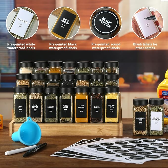 48 Glass Spice Jars with Labels,Spice Jar Set,4oz Seasoning Containers,Spice Containers with Black Airtight Lids and Shaker Lids,Square Empty Spice Bottles, 492 Labels,1 Funnel