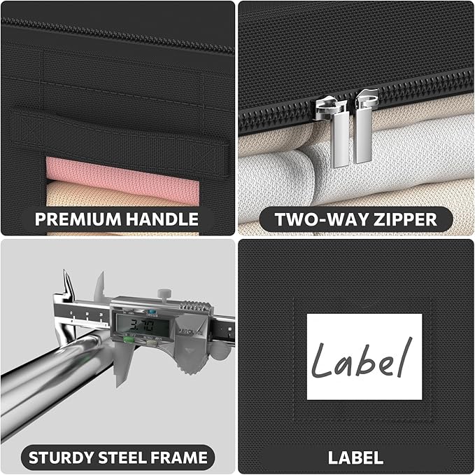 CYhom 3Pack Frame Storage Box - Clothes Storage Bin Bags Oxford Fabric Foldable Stackable Container Organizer Set with Clear Window & Carry Handles (Black, Small-22L)