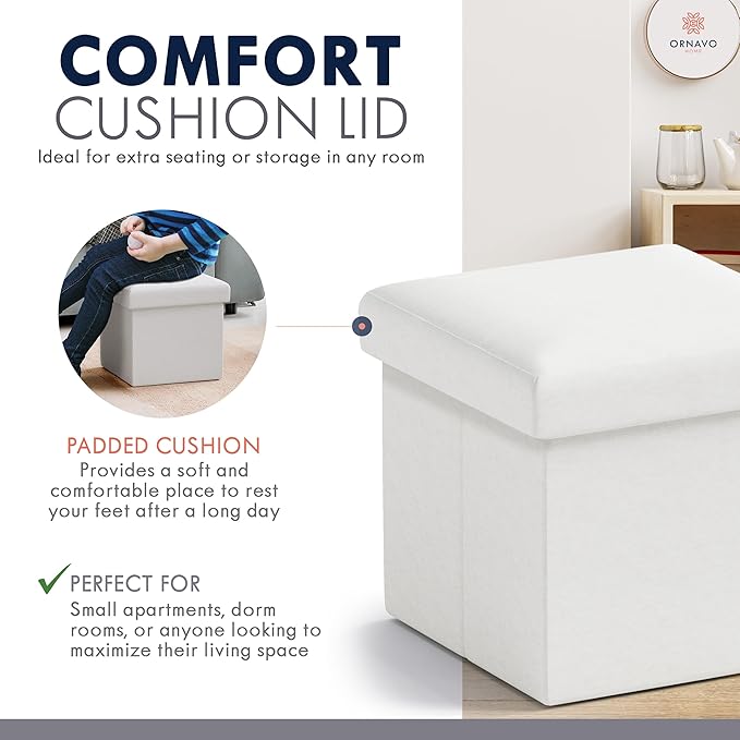Ornavo Home Small Storage Ottoman, Set of 2 Foldable Collapsible Cube Square Linen Ottoman Foot Rest Stool Seat, for Living Room, Bedroom, Home Office, Dorm - 12 x 12 x 12, White