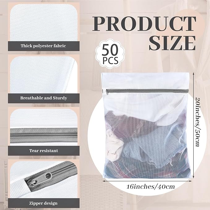 Nuenen 50 Pcs Mesh Laundry Wash Bags with Zipper Machine Washable Lingerie Bags for Washing Delicates Clothes Garment Underwear Blouse Hosiery Socks Travel (16 x 20 Inches,Gray)