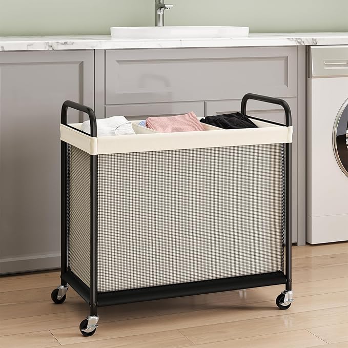 ELYKEN Laundry Hamper 3 Section, 120L Rolling Laundry Sorter with Removable Liner Bag, Laundry Basket with Wheels, Steel Frame with Metal Handle, Clothes Hamper Cart for Laundry Room & Bedroom