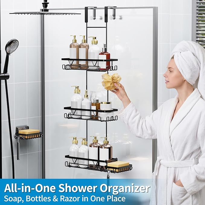 KEGII Shower Organizer Hanging Over the Door, 3 Tier Large Capacity Shower Caddy with 2 Soap Holders & Razor Holders, 18 Hooks & 4-in-1 Dual Hooks, Adjustable Rustproof Bathroom Rack, Black