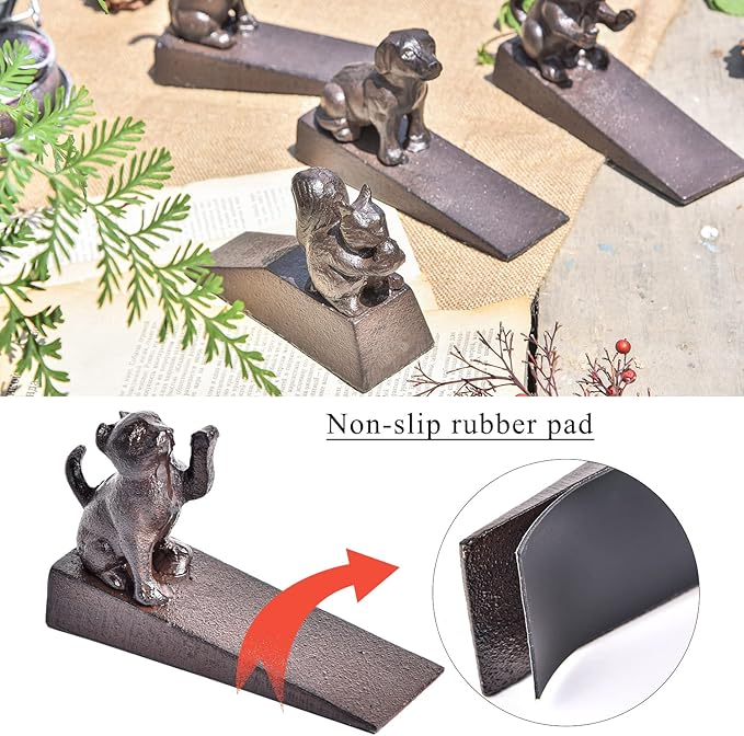 Sungmor Heavy Duty Cast Iron Cat Door Stops | Decorative Cute Animal Statue Metal Door Stopper Wedge with Non-Slip Mat | Solid & Antique Style Windproof Door Holder for Patio Yard Garden Farmhouse