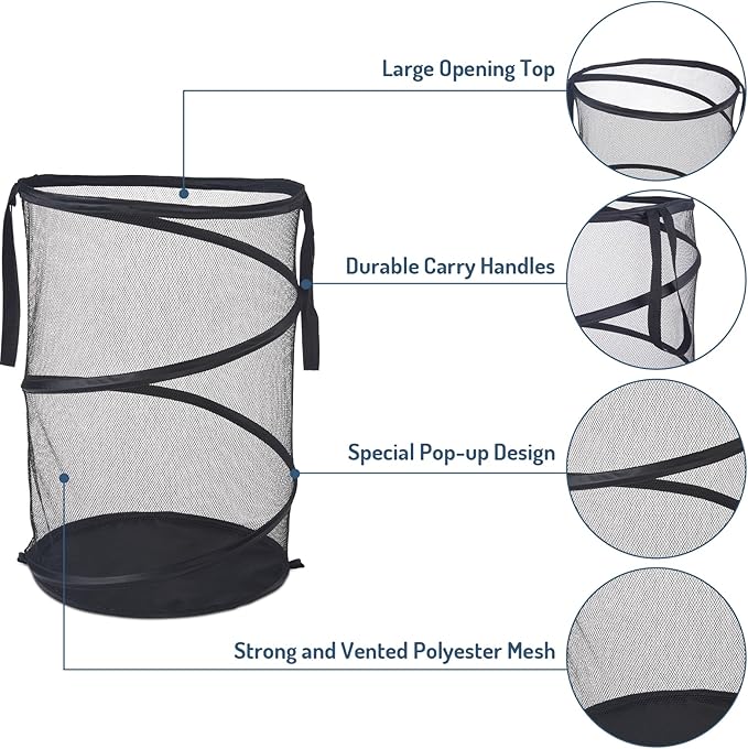 Mesh Popup Laundry Hamper 115L Foldable Laundry Basket Extra Large Capacity Collapsible Clothing Storage Basket with Handles 26 H x 18 W x 18 L (Black)