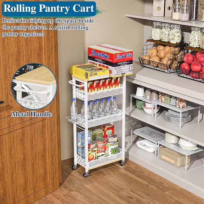 Rolling Slim Storage Cart, 4-Tier Narrow Bathroom Laundry Room Organization Cart, Metal Kitchen Storage Mobile Shelf Unit Organizer with Wood Top, Slim Utility Cart with Wheels for Small Space