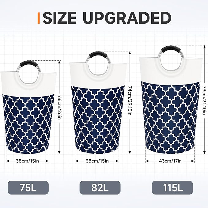 Large Laundry Basket Laundry Hamper Bag Washing Bin Clothes Bag Collapsible Tall with Handles Waterproof Travel Bathroom College Essentials Storage for College Dorm, Family (Blue) 82L