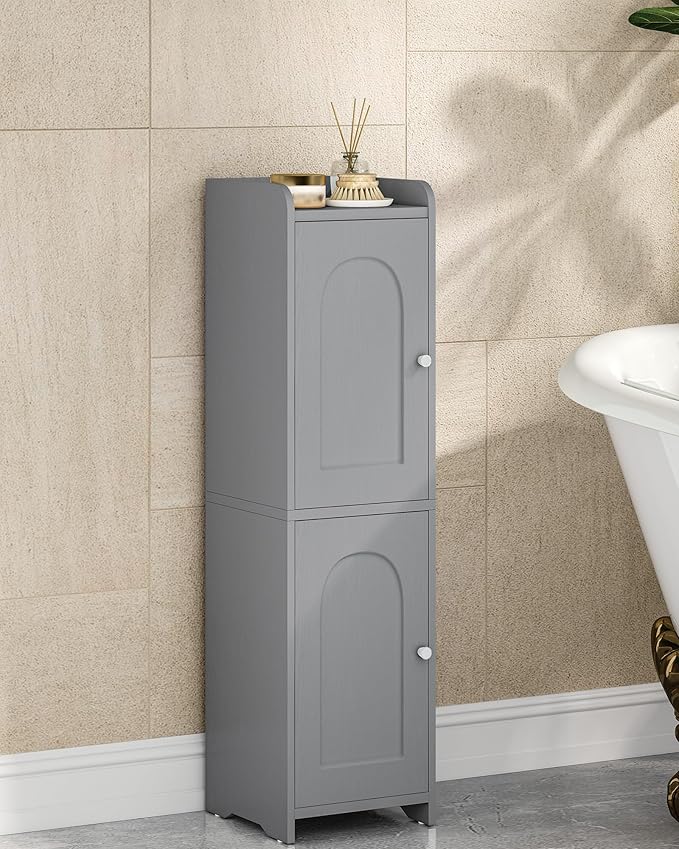 Bathroom Storage Cabinet, Small Corner Floor Cabinet with 2 Doors and Adjustable Shelf, Narrow Toilet Paper Cabinets, Bathroom Organizer for Small Spaces, 7.9" D x 7.9" W x 29.5" H Gray