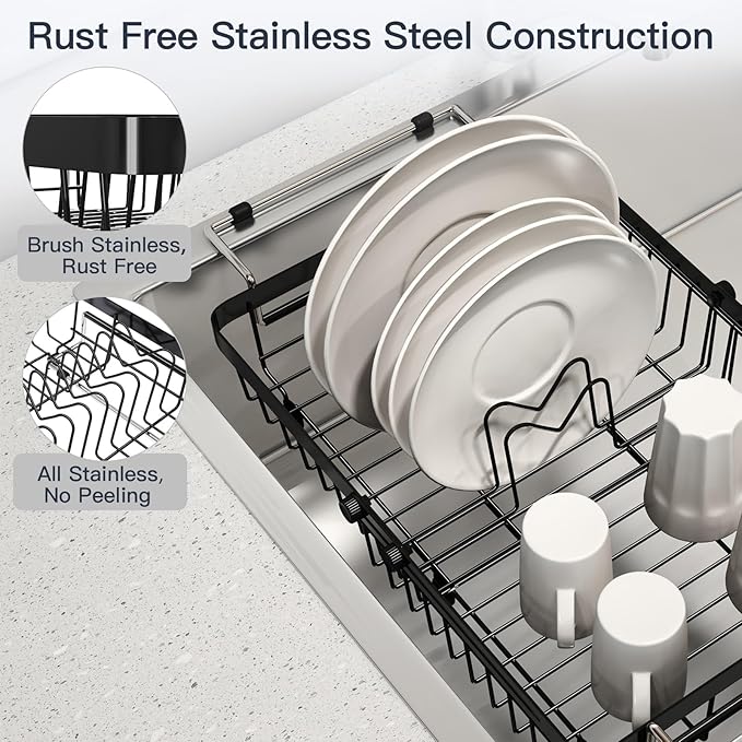 Small Expandable Over The Sink Dish Drainer Drying Rack In Stainless Steel Metal For Kitchen, Counter Space Saving Compact Above Plate Dryer Strainer, Adjustable Hanging Inside Sink Wire Drain Holder