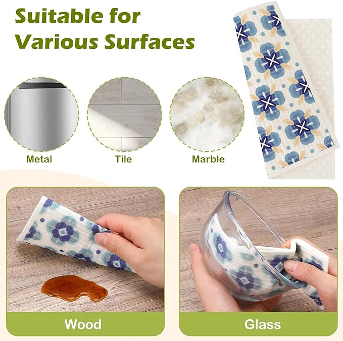 6 Packs Swedish Paper Cloths for Kitchen, Reusable Paper Towels Washable Dish Rags, Highly Absorbent Kitchen Towels Quick Drying Swedish Sponge Cleaning Dish Cloths (Blue Ornamentation)