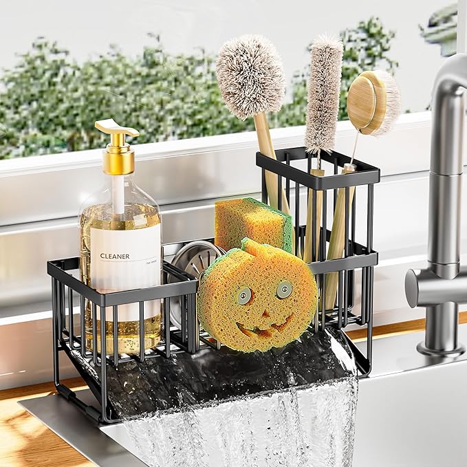 Cisily Kitchen Sink Caddy Organzier with High Brush Holder, Sponge Holder for Sink, 304 Rustproof Stainless, Kitchen Countertop Soap Dispenser Organizer (Black With Smiley Face Holder, 9.25″)
