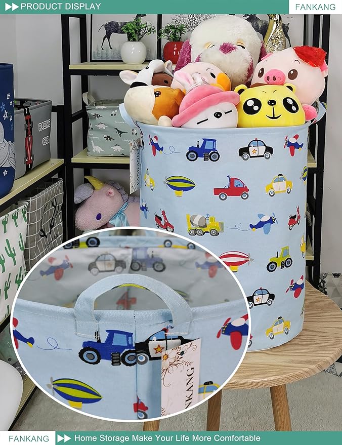 FANKANG Storage Basket, Nursery Hamper Canvas Laundry Basket Foldable with Waterproof PE Coating Large Storage Baskets for Kids Boys and Girls, Office, Bedroom, Clothes,Toys（Car）