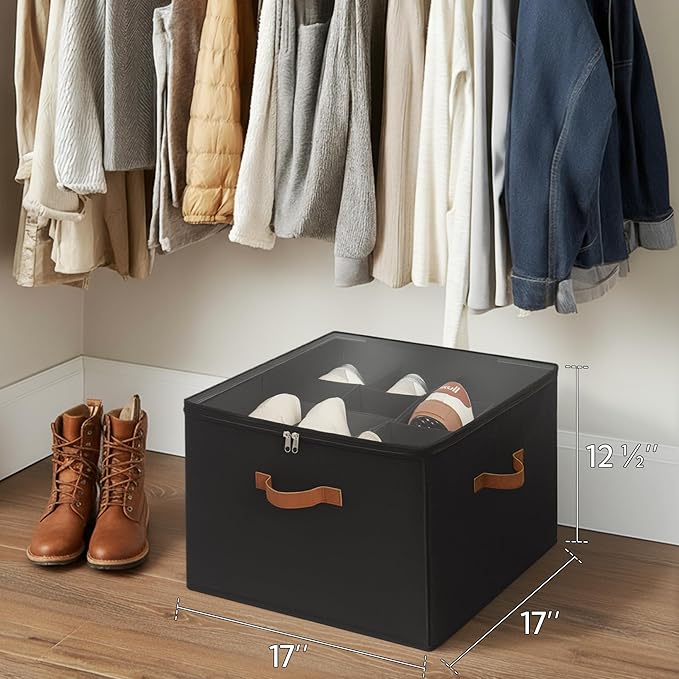StorageWorks Shoe Organizer for Closet, Fits up to 16 Pairs, Shoe Cubby Storage Containers with Adjustable Dividers and Clear Cover, Black