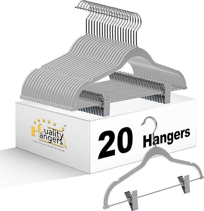 Quality Plastic 20-Pack Non Velvet Non-Flocked Thin Compact Coat Hangers with Metal Clips for Skirts Pants Blouses 360° Swivel Hook (Gray, 20)