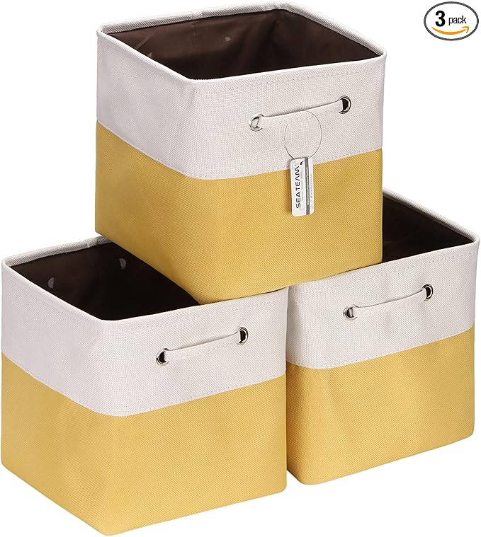 Sea Team 3-Pack Cubic Storage Basket Set, Storage Cube Organizer, Clothes Toys Bin, 11 x 11 x 11 Inches, Big Square Canvas Fabric Collapsible Shelf Box with Handles for Kids Room (Yellow/White)