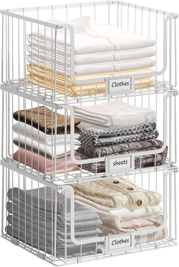 3-Tier Stackable Closet Organizers and Storage Shelves, Clothes Shelf Organizer Basket Bins for Closet Organizer System, White