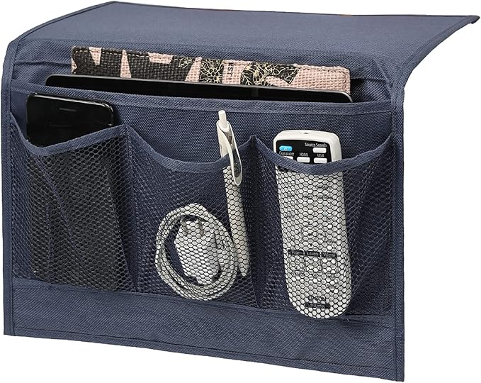 Surblue Bedside Caddy 4 Pockets Bedside Storage Organizer for TV Remote Control Phone Glasses Magazine (Navy)