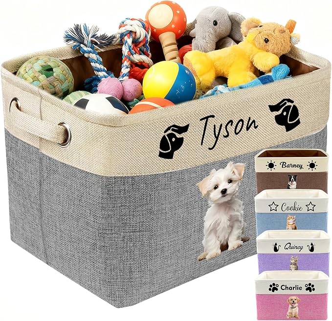 Personalized Dog Toy Basket Custom Pet Toy Box with Name Photo Customized Storage Foldable Organizer Bins for Toys Clothing