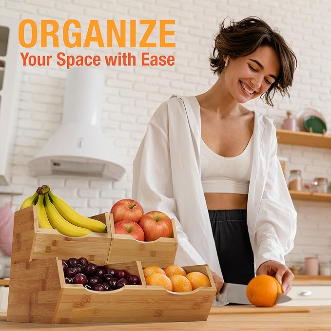 HOMESTEAD Bamboo Pantry Storage Bins – Potato & Onion Storage Bin for Pantry Organizers, Produce Organizer Set of 3 – Slide out Bin Access