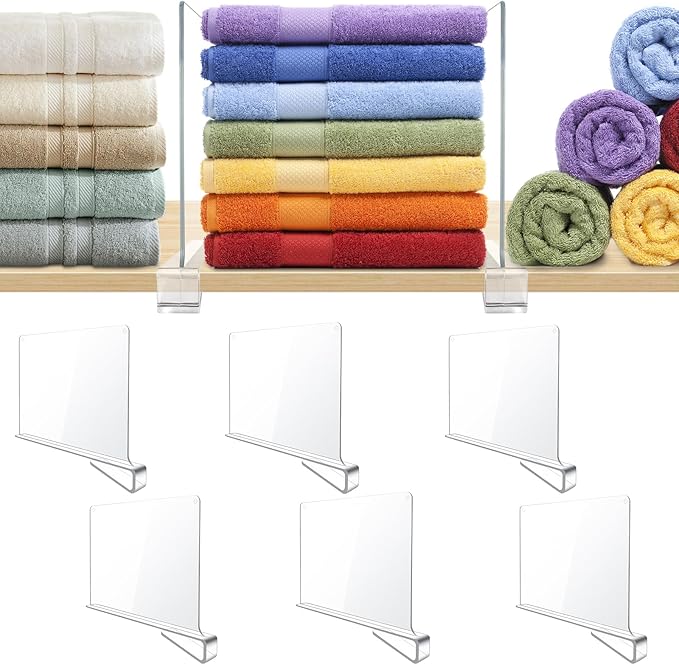 BAUMFEUER 6 Pack Clear Acrylic Shelf Dividers for Closet Shelf Organizer of Bedroom Kitchen Office Bathroom Organizer for Clothes Books Hats and Handbags
